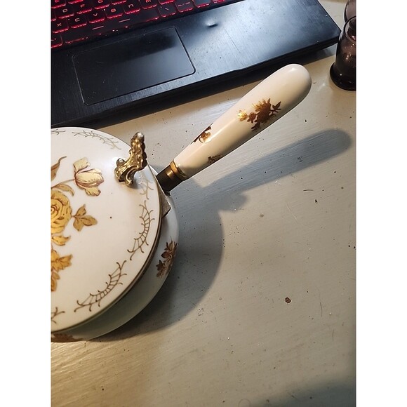 Vintage Porcelain Lidded Serving Pot Handle Gold Gilt Floral Brass Trim Elegant - Picture 3 of 15